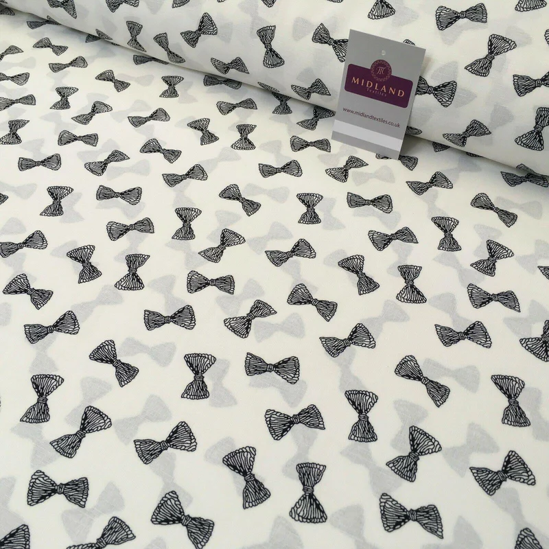 Ivory Black Bows Linen Effect Georgette Crepe Dress Fabric 147cm MK1184-17