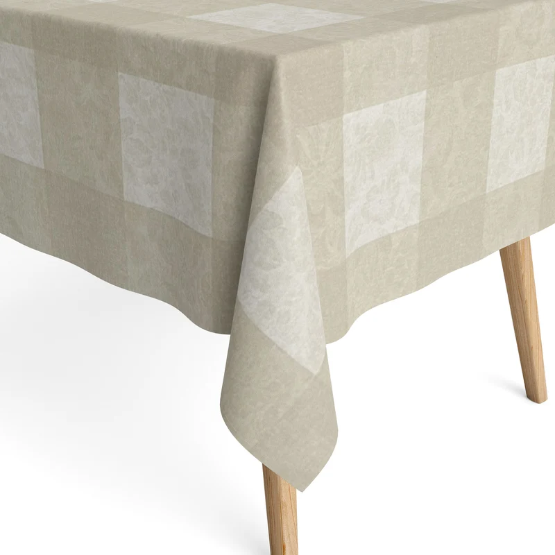 Jacquard Tischdecke beschichtete Baumwolle MILLET BLANCO beige Karo Blüten eckig rund oval