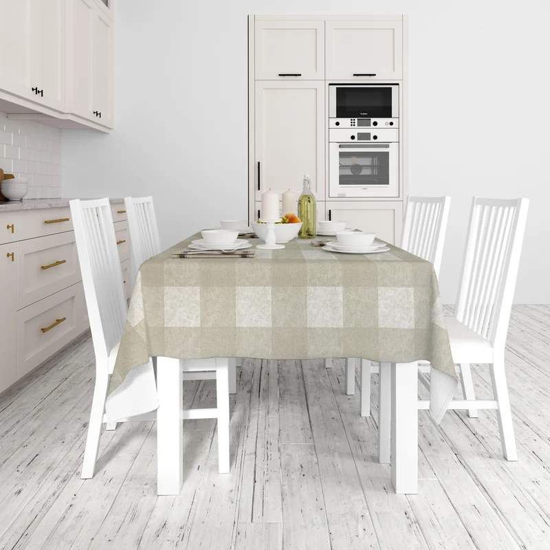 Jacquard Tischdecke beschichtete Baumwolle MILLET BLANCO beige Karo Blüten eckig rund oval