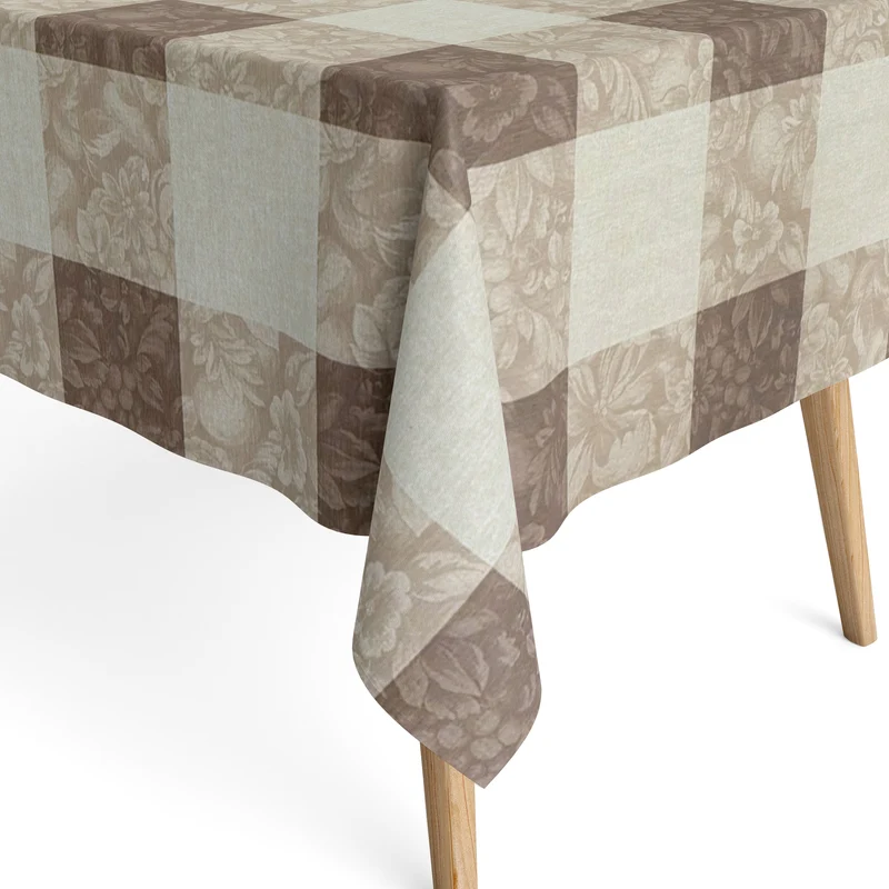 Jacquard Tischdecke beschichtete Baumwolle MILLET TAUPE Karo Blüten eckig rund oval