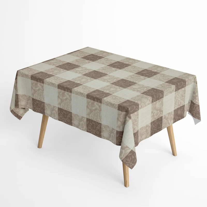 Jacquard Tischdecke beschichtete Baumwolle MILLET TAUPE Karo Blüten eckig rund oval