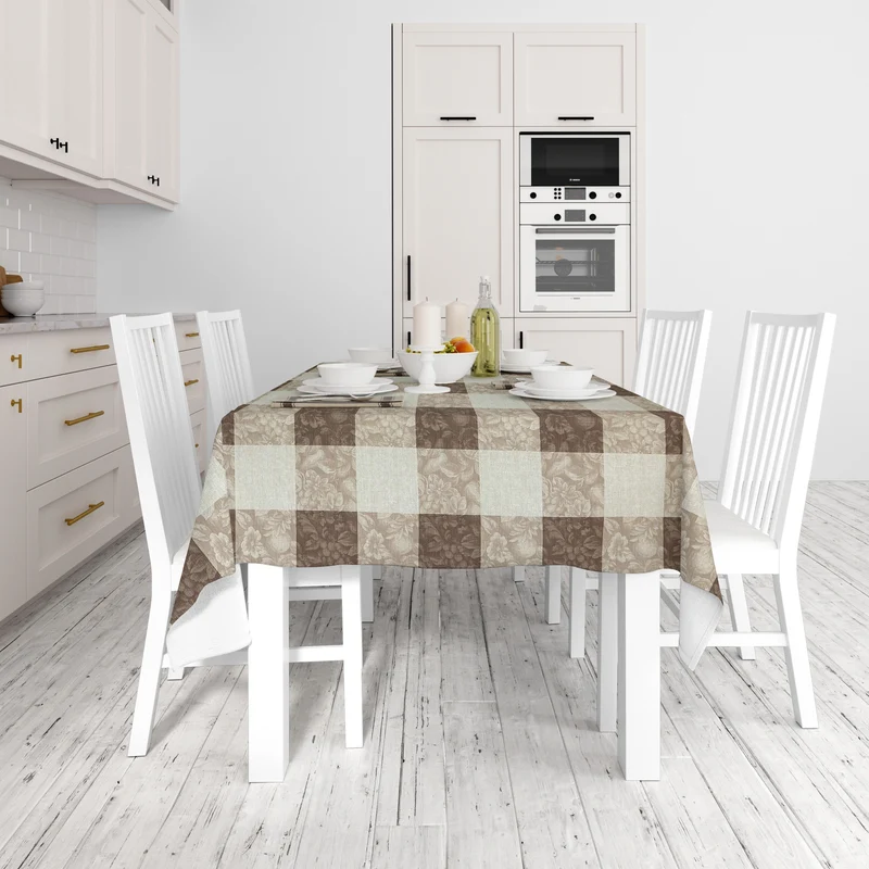Jacquard Tischdecke beschichtete Baumwolle MILLET TAUPE Karo Blüten eckig rund oval