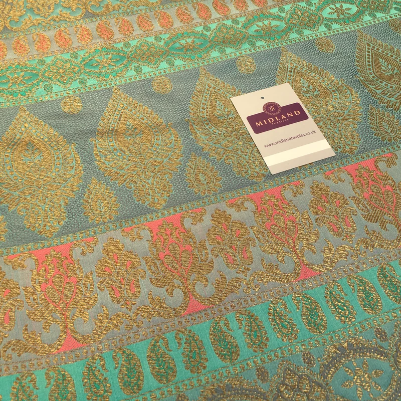 Indian Faux Silk Paisley Floral Border Banarsi brocade Fabric 110cm MP1240