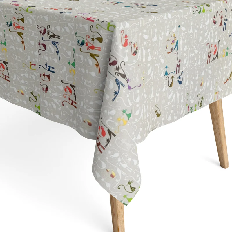 Jacquard Tischdecke aus beschichteter Baumwolle mit Fleckenschutz MUCHA bunte Katzen eckig rund oval
