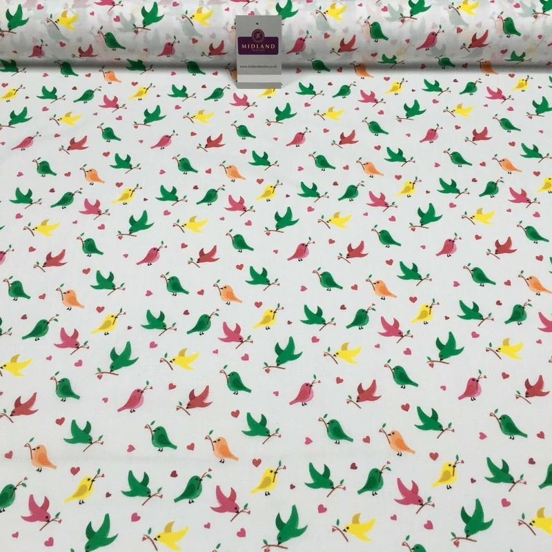 White Christmas Love Birds Branch Printed Polycotton Fabric 110 cm MD1281 Mtex
