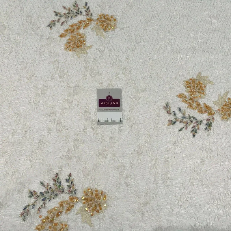 White vintage Scalloped edge Floral Sequin dress Fabric 127 cm M1385 Mtex