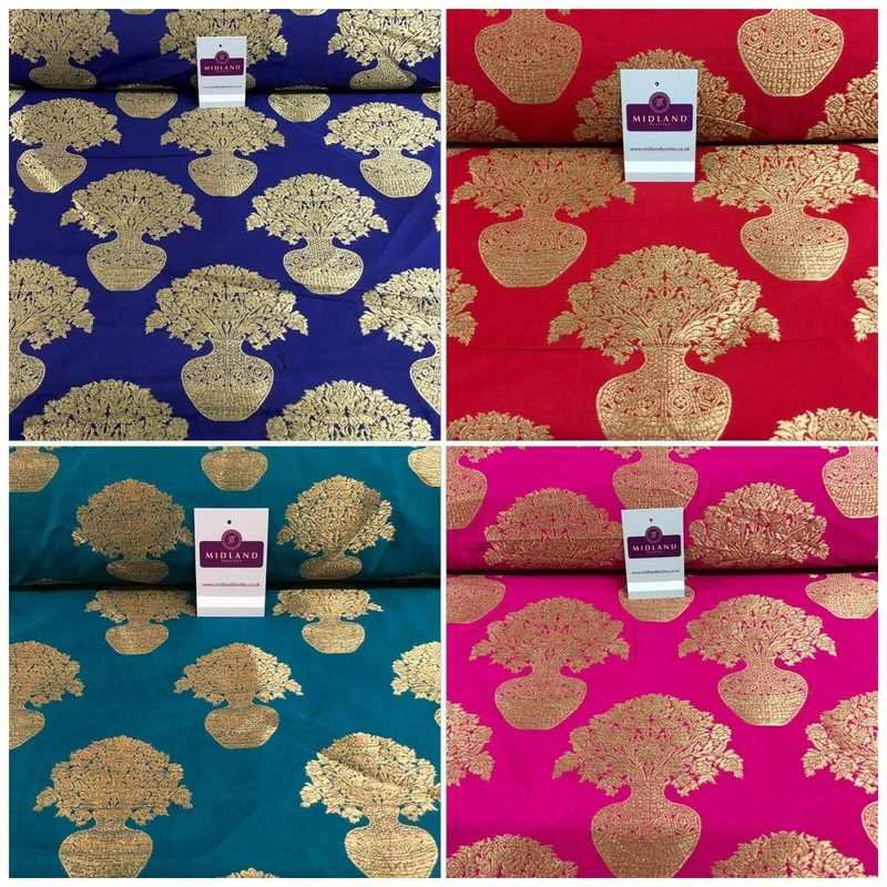 Indian Gold Large Flower Vase Banarsi Brocade fabric 125 cm Wide MN1099 Mtex