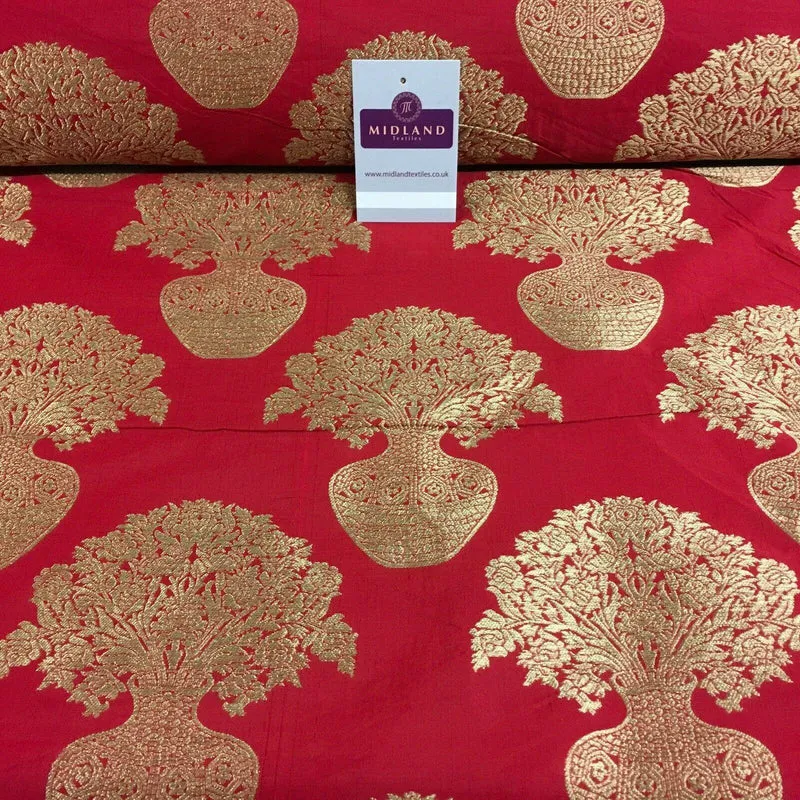 Indian Gold Large Flower Vase Banarsi Brocade fabric 125 cm Wide MN1099 Mtex