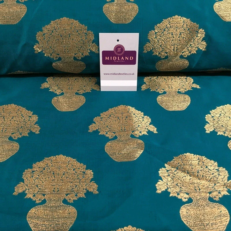 Indian Gold Large Flower Vase Banarsi Brocade fabric 125 cm Wide MN1099 Mtex