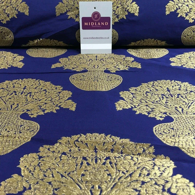 Indian Gold Large Flower Vase Banarsi Brocade fabric 125 cm Wide MN1099 Mtex