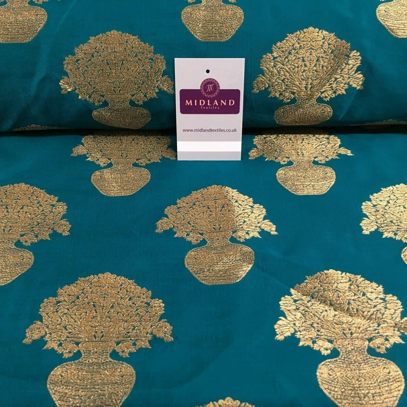 Indian Gold Large Flower Vase Banarsi Brocade fabric 125 cm Wide MN1099 Mtex