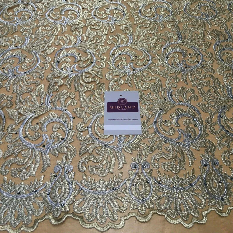 Gold embroidered Scalloped Edge Net Dress fabric 127cm Wide MQ834 Mtex