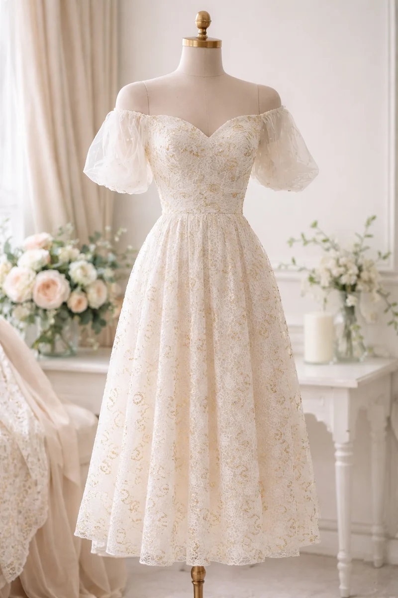 White Gold Geometric Lurex Knitted Lace Stretch Dress Fabric MU1258