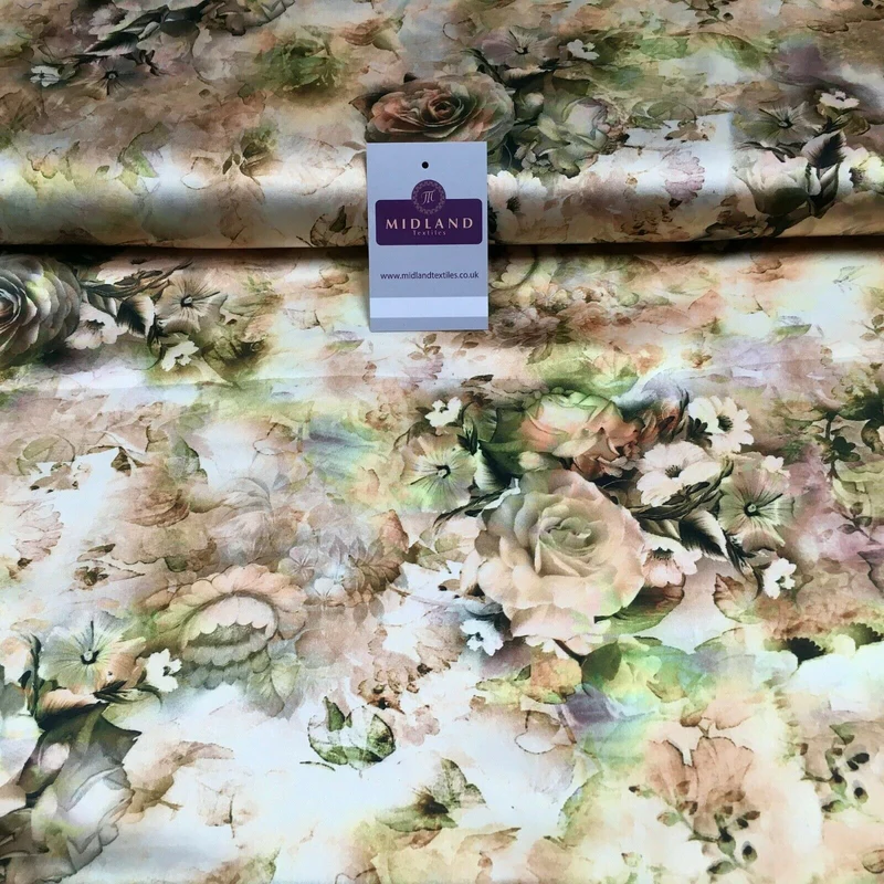 Floral Vintage Soft Digital Printed Satin Dress Fabric 110 cm Wide MA1141 Mtex