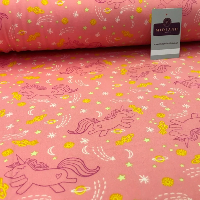Coral Pink Unicorns Printed Brushed Jersey Dress fabric 150cm Wide MK1106-5 Mtex