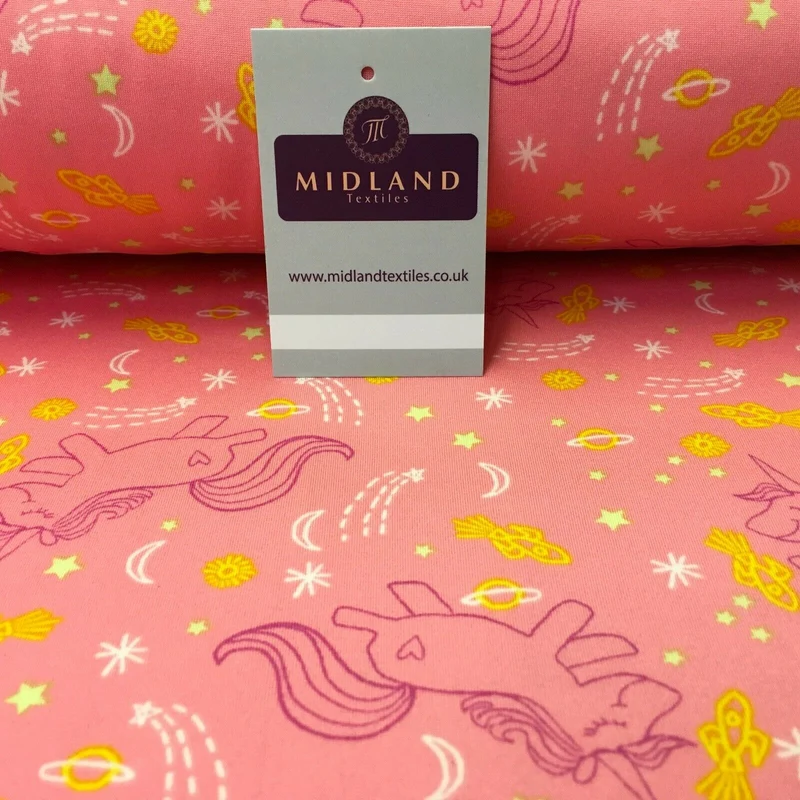Coral Pink Unicorns Printed Brushed Jersey Dress fabric 150cm Wide MK1106-5 Mtex