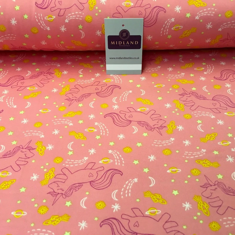 Coral Pink Unicorns Printed Brushed Jersey Dress fabric 150cm Wide MK1106-5 Mtex