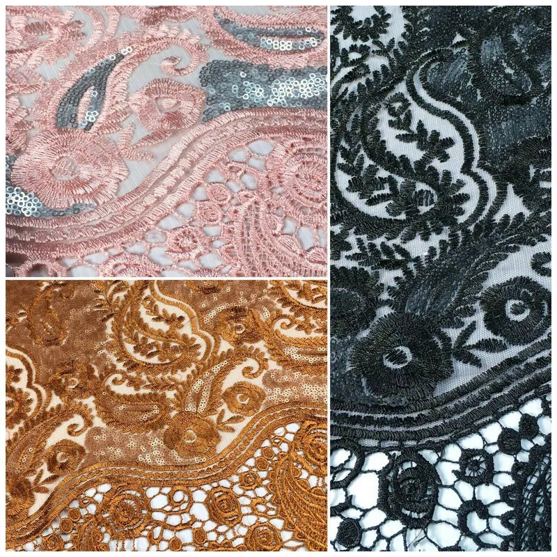 Paisley Matt Sequin with Guipure border net mesh dress fabric 150 cm M1209 Mtex