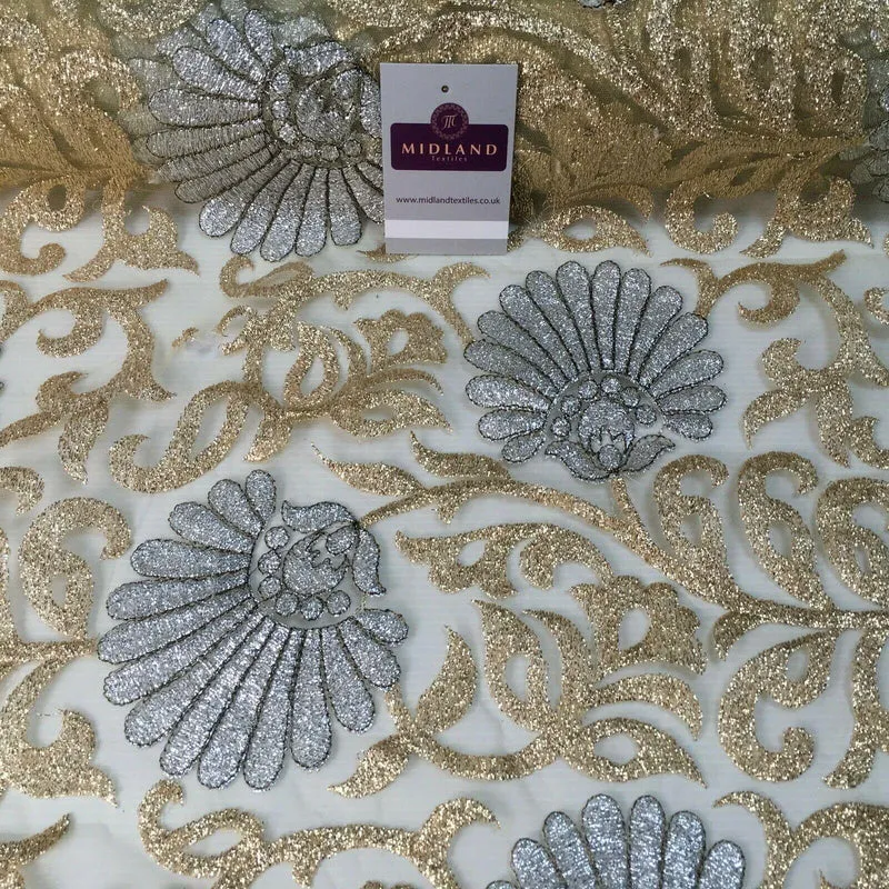Gold net with silver Floral Ornamental Dress Fabric 100 cm M1209 Mtex