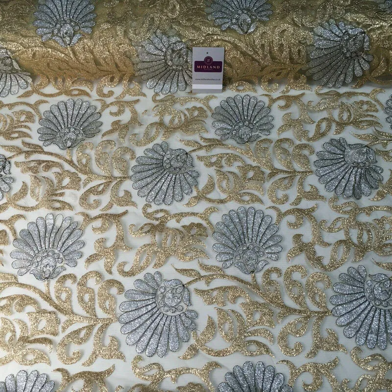 Gold net with silver Floral Ornamental Dress Fabric 100 cm M1209 Mtex