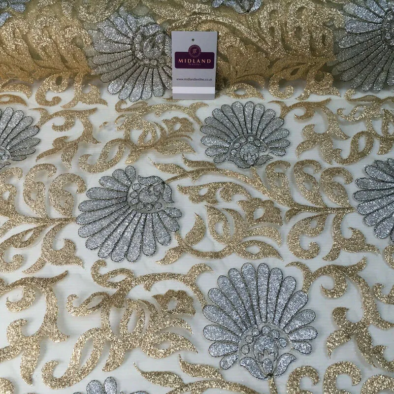 Gold net with silver Floral Ornamental Dress Fabric 100 cm M1209 Mtex