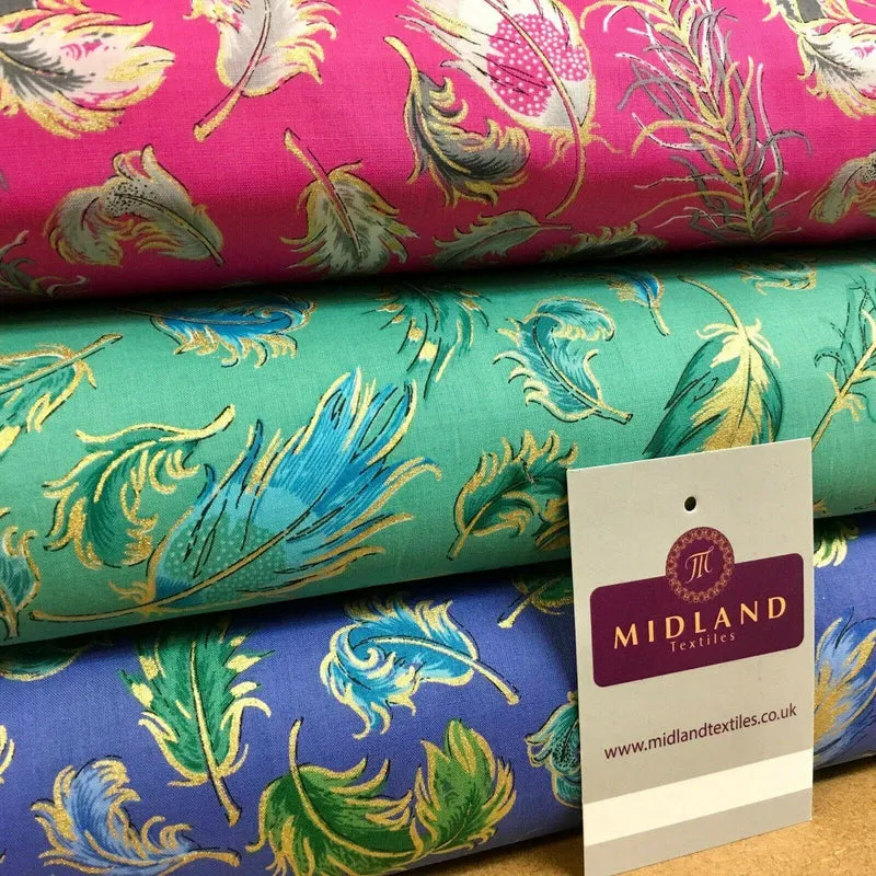 Peacock Feather gold foil print Cotton Lawn Dress Fabric 150cm MK1233 Mtex