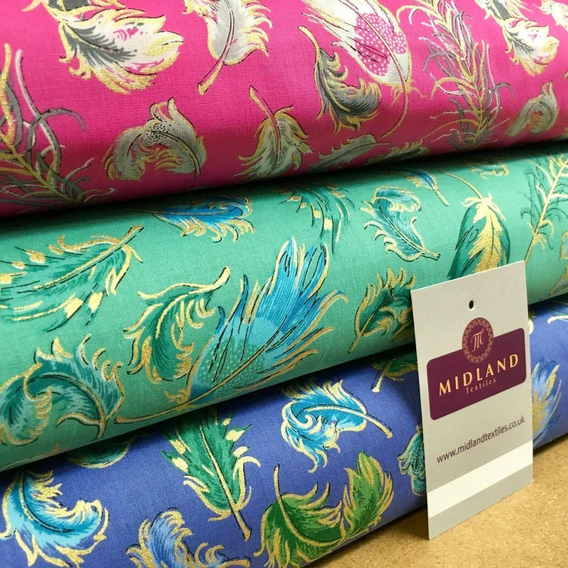Peacock Feather gold foil print Cotton Lawn Dress Fabric 150cm MK1233 Mtex