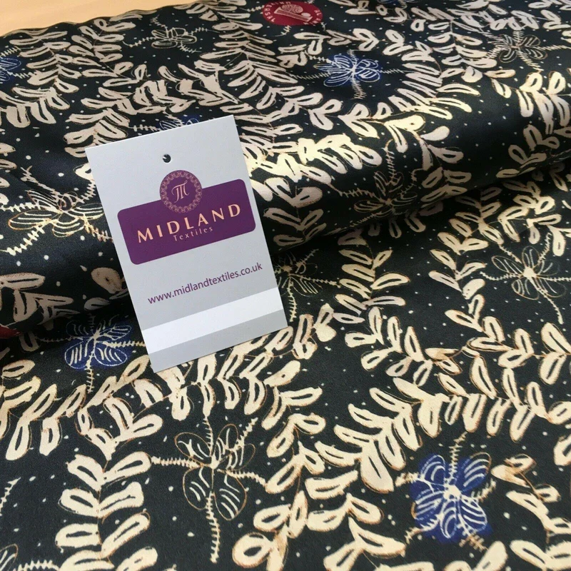 Black and Gold Floral Printed Satin Dress fabric 150cm Wide M1115 Mtex