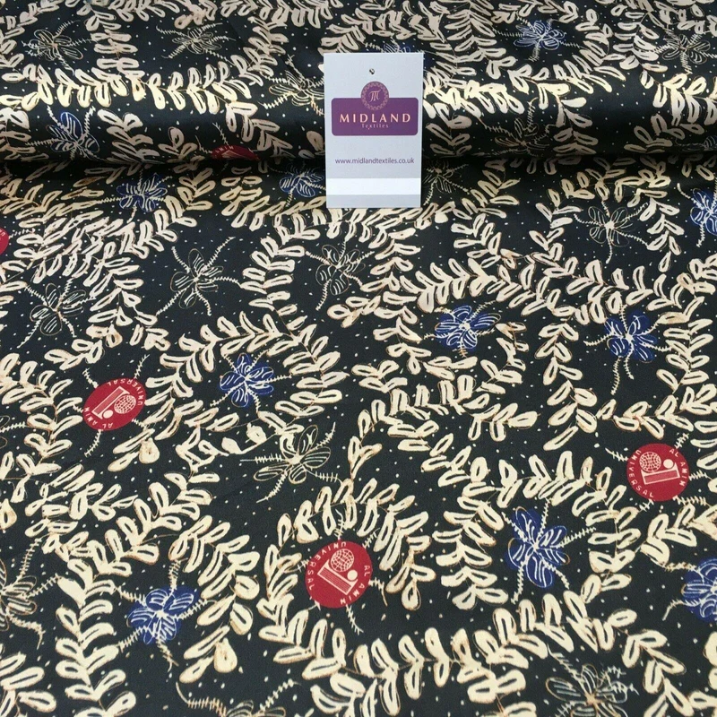 Black and Gold Floral Printed Satin Dress fabric 150cm Wide M1115 Mtex