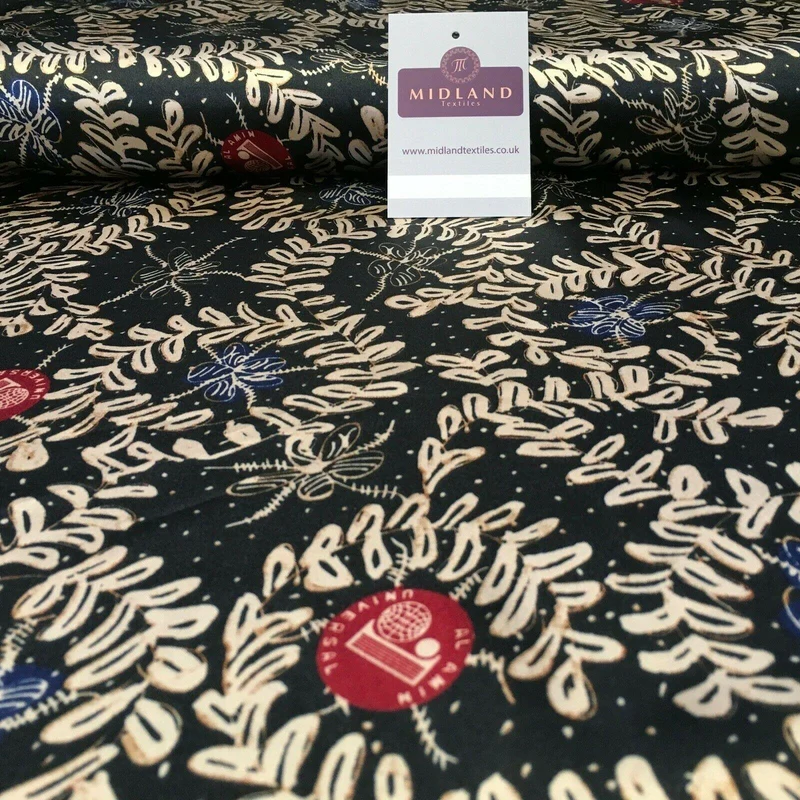 Black and Gold Floral Printed Satin Dress fabric 150cm Wide M1115 Mtex