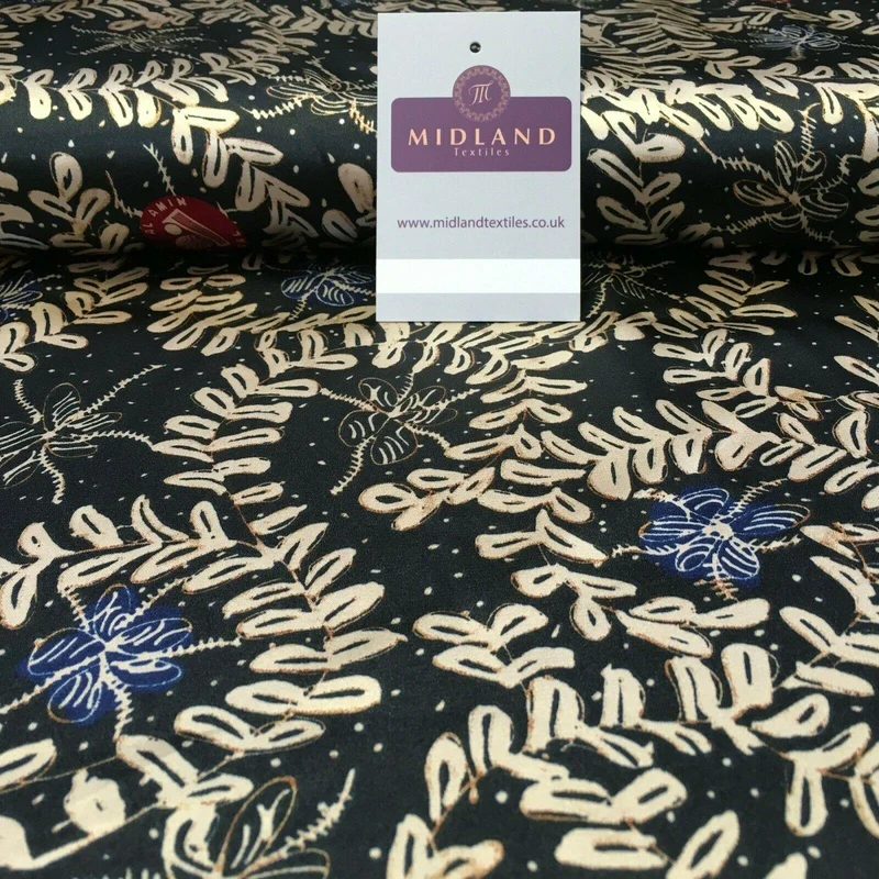 Black and Gold Floral Printed Satin Dress fabric 150cm Wide M1115 Mtex