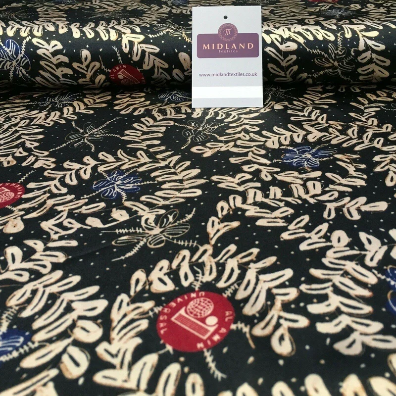 Black and Gold Floral Printed Satin Dress fabric 150cm Wide M1115 Mtex
