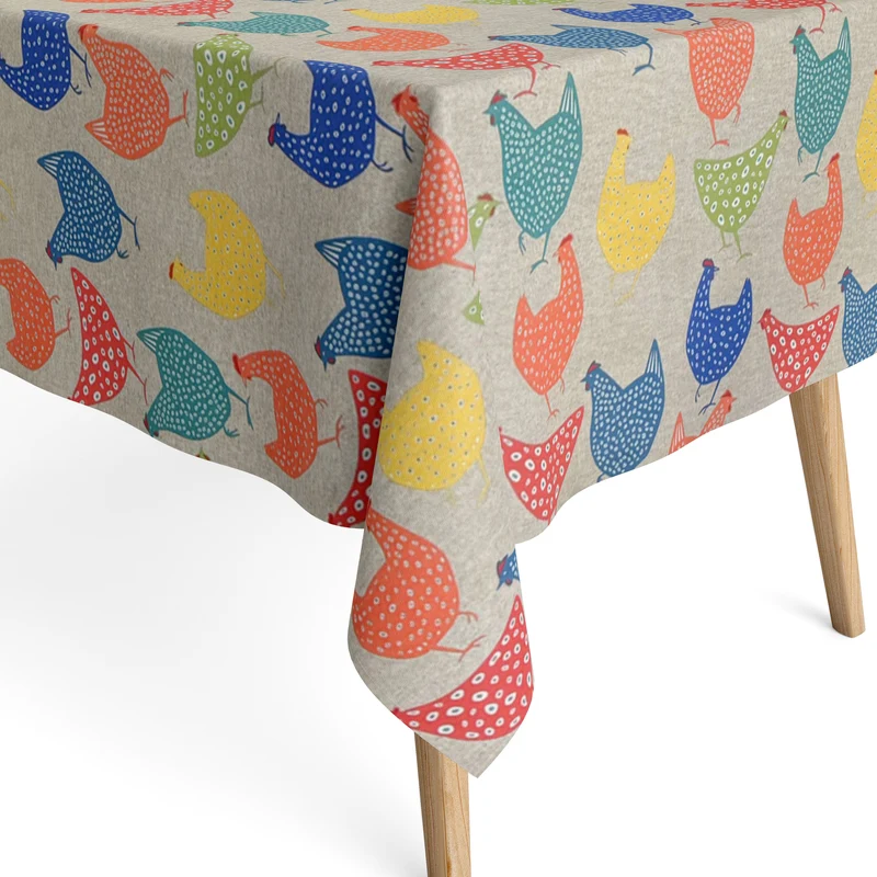 Jacquard Tischdecke aus beschichteter Baumwolle mit Fleckenschutz DG157 bunte Hühner Henne eckig rund oval