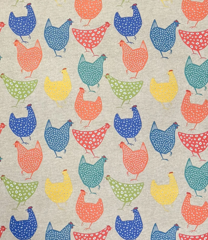 Jacquard Tischdecke aus beschichteter Baumwolle mit Fleckenschutz DG157 bunte Hühner Henne eckig rund oval