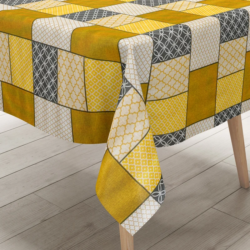 Wachstuch Tischdecke B1803-01 Geometrie Quadrate Rechtecke gelb curry eckig rund oval abwischbar