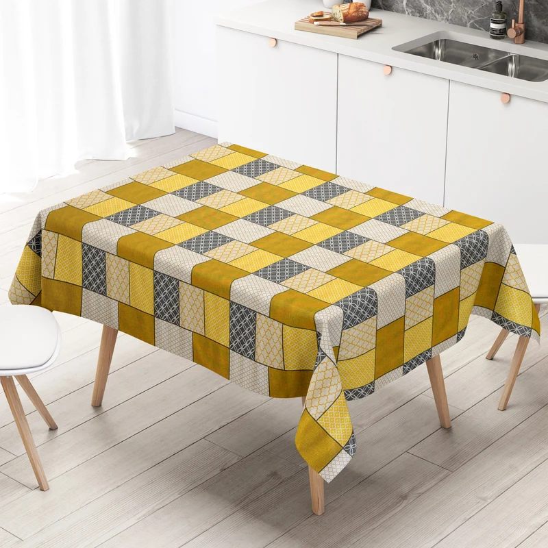 Wachstuch Tischdecke B1803-01 Geometrie Quadrate Rechtecke gelb curry eckig rund oval abwischbar