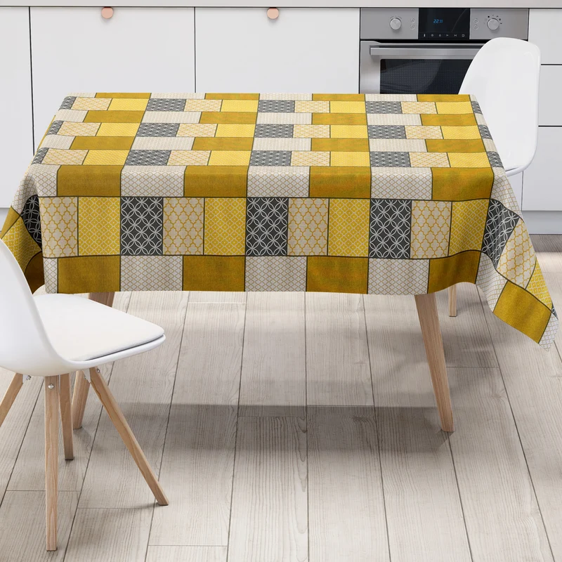 Wachstuch Tischdecke B1803-01 Geometrie Quadrate Rechtecke gelb curry eckig rund oval abwischbar