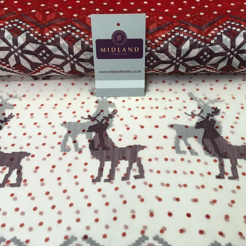 Red Reindeer printed Crinkle Georgette Chiffon fabric 150cm wide MK1090-21