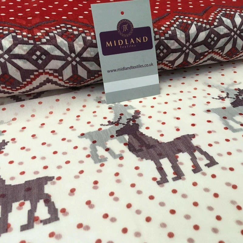 Red Reindeer printed Crinkle Georgette Chiffon fabric 150cm wide MK1090-21