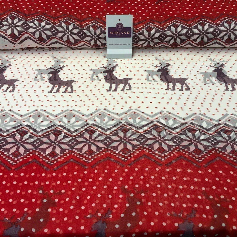 Red Reindeer printed Crinkle Georgette Chiffon fabric 150cm wide MK1090-21
