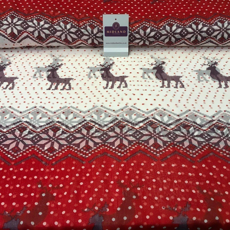 Red Reindeer printed Crinkle Georgette Chiffon fabric 150cm wide MK1090-21