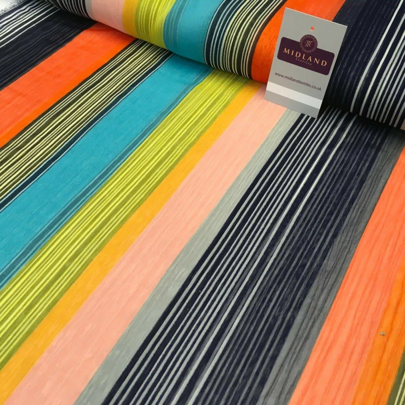 Navy Yellow striped printed Crinkle Georgette Chiffon fabric 150cm MK1090-16