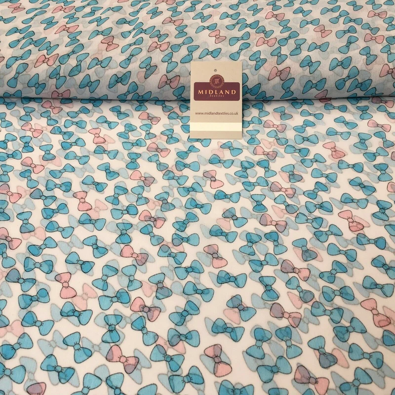 Blue Bows Printed Crinkle Georgette Chiffon Fabric 150cm wide MK1090-23