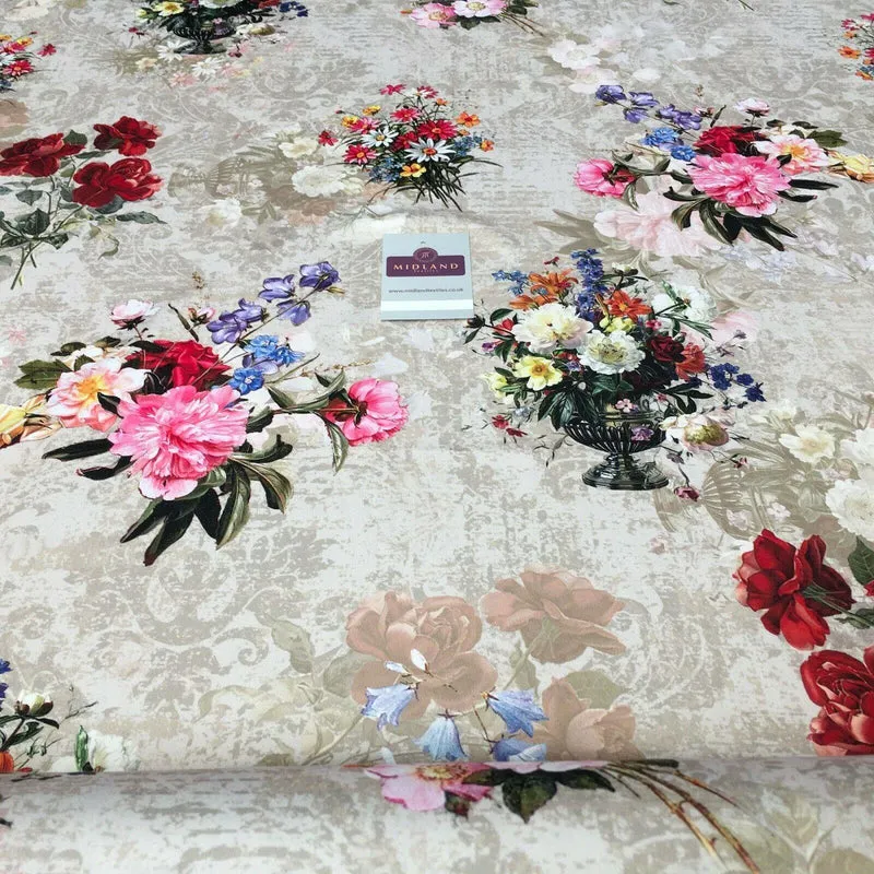 Pink Beige Matt Floral peach skin Silky Satin Printed Fabric 150 cm MQ1081-3