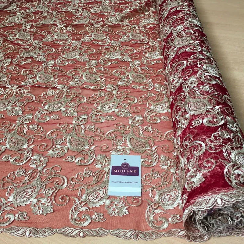 Double Scalloped Border Floral Paisley Tulle net Dress Fabric 120cm Wide MJ1069