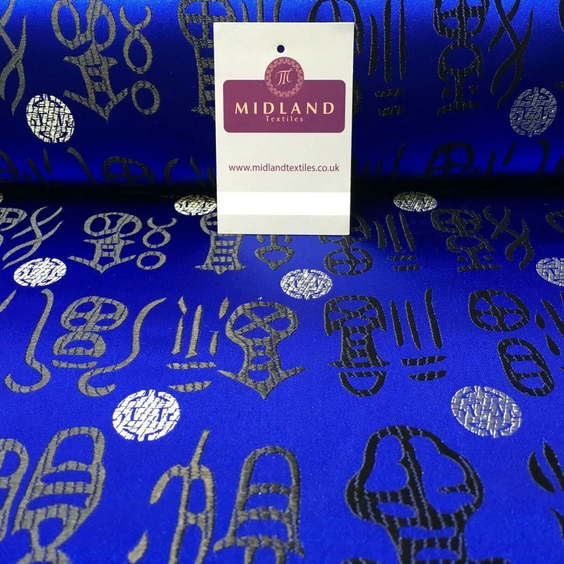Royal Blue and Black Chinese Words & Medallion Brocade Fabric 110cm Wide M395-25