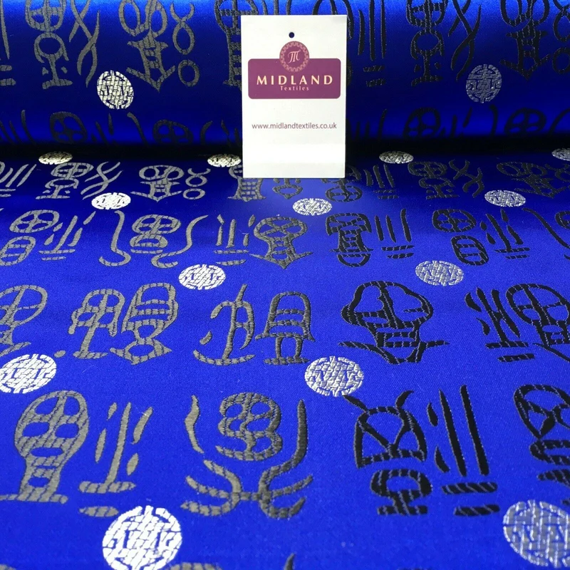 Royal Blue and Black Chinese Words & Medallion Brocade Fabric 110cm Wide M395-25