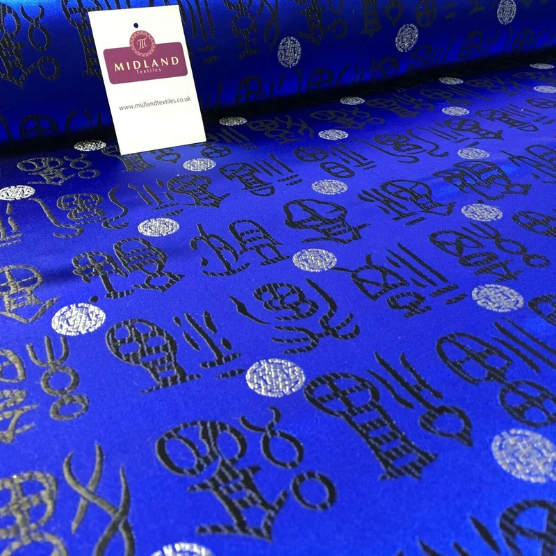 Royal Blue and Black Chinese Words & Medallion Brocade Fabric 110cm Wide M395-25