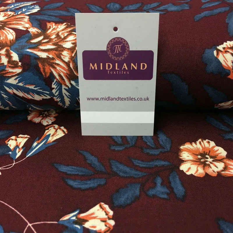 Wine Teal Floral Printed Cotton Linen Dress Fabric 150cm Wide MK1086-9