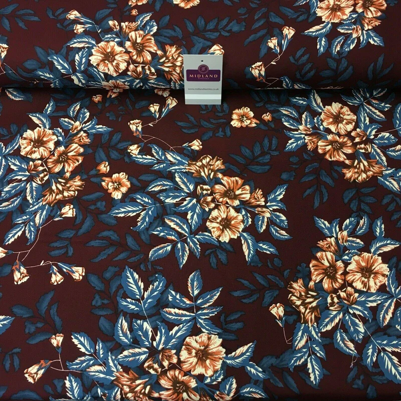 Wine Teal Floral Printed Cotton Linen Dress Fabric 150cm Wide MK1086-9